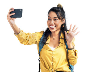 PNG of a Studio shot of a woman wearing a backpack and taking selfies