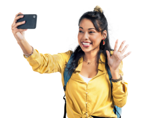 PNG of a Studio shot of a woman wearing a backpack and taking selfies