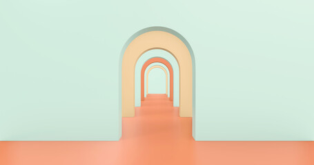 Concept business roads. Colorful wall. Arch hallway simple geometric background, architectural corridor, portal, and arch columns inside empty walls. Modern minimal concept. 3d rendering.