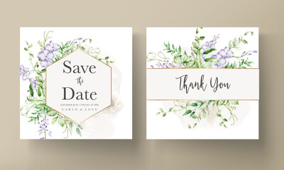 Fototapeta na wymiar Watercolor purple and violet lilac flowers invitation card
