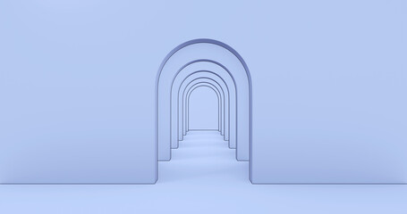 Concept business roads. Blue matte wall. Arch hallway simple geometric background, architectural corridor, portal, and arch columns inside empty walls. Modern minimal concept. 3d rendering.