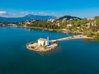 Fototapeta na wymiar drone view of famous church of Ypapanti komeno bay in kerkyra corfu greece