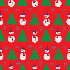 Cute snowman seamless pattern. Cute cartoon character. Snowman, yolka and falling snow. Red 
background. Vector illustration.