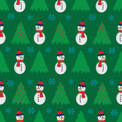 Cute snowman seamless pattern. Cute cartoon character. Snowman, yolka and falling snow. Green background. Vector illustration.