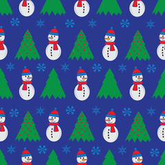 Cute snowman seamless pattern. Cute cartoon character. Snowman, yolka and falling snow. Blue background. Vector illustration.