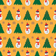 Cute snowman seamless pattern. Cute cartoon character. Snowman, yolka and falling snow.Yellow background. Vector illustration.