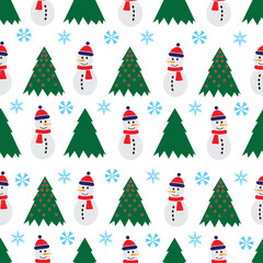 Fototapeta premium Cute snowman seamless pattern. Cute cartoon character. Snowman, yolka and falling snow.White background. Vector illustration. 