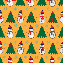 Cute snowman seamless pattern. Cute cartoon character. Snowman, yolka and falling snow.Yellow background. Vector illustration.