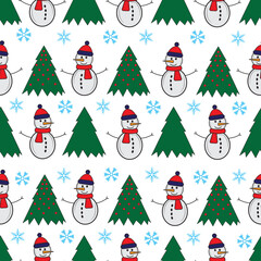 Cute snowman seamless pattern. Cute cartoon character. Snowman, yolka and falling snow.White background. Vector illustration.
