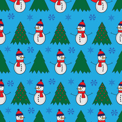 Cute snowman seamless pattern. Cute cartoon character. Snowman, yolka and falling snow. Blue background. Vector illustration.
