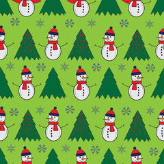 Cute snowman seamless pattern. Cute cartoon character. Snowman, yolka and falling snow. Green background. Vector illustration.