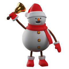  3D illustration. Funny face 3D Illustration of Snowman with Christmas bells. have a feeling of happiness. wearing a cool scarf and hat. 3D Cartoon Character
