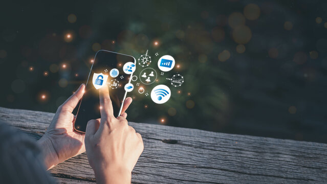 Internet of thing concept, Business woman using smart phone. Global Business with internet connection technology, Application, digital marketing, Financial and banking, big data, report, analysis. - Powered by Adobe