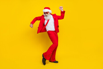 Fototapeta na wymiar Full size photo of funky excited grandfather dancing clubbing isolated on yellow color background
