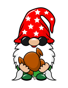 Adorable Christmas Gnome With Roasted Turkey - Gnome With Santa Cookie. Nordic Magic Dwarf. Cute Holidays Elf With Hat. Vector Illustration For Winter Holidays And Happy New Year.