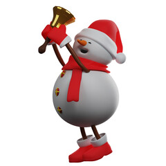  3D illustration. The 3D Snowman image has a golden bell. with both hands raised upwards. has a cute sharp nose. 3D Cartoon Character