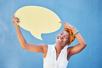 Speech bubble, smile or black woman with mock up for advertising, marketing or communication...
