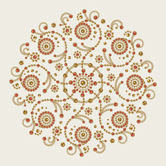 Fototapeta premium Jewellery luxury mandala with round motifs Ornament made of gold jewelry chains, red gems, rhinestones, ball beads in vintage style. For prints, poster, cover, textile, surface design White background