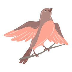 Illustration of cute bird sitting on branch. Image of birdie in simple style.