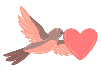 Illustration of cute flying bird and holding heart. Image of birdie in simple style.