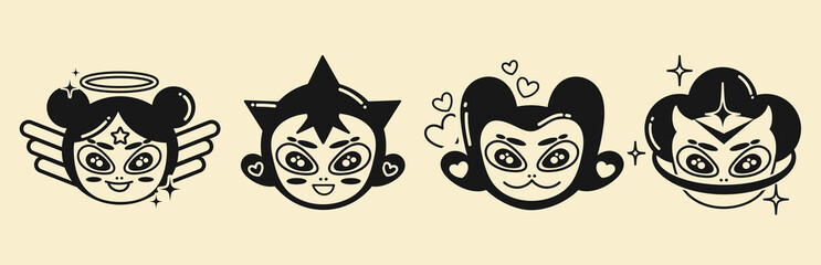Future retro cartoon character in Y2K style. Cyber girls with stars for 90s design. Collection of vector funky  objects