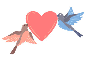 Illustration of cute flying birds and holding heart. Image of birdies in simple style.