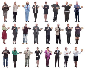 Fototapeta premium group of happy people with gifts in their hands isolated