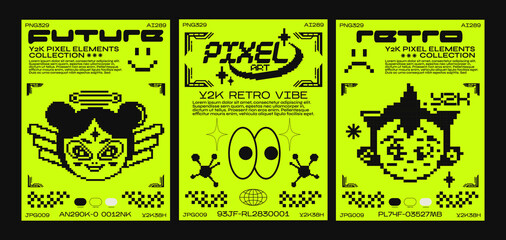 Pixel art poster, y2k trendy elements. Acid set of abstract geometric design elements with retro girl, stars and futuristic items. for posters, print, stickers