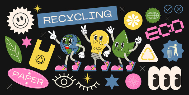 Collection of various eco patches recycling, labels, tags, stickers, stamps. Funky hipster stickers in 90s style. Vector set, trendy promo labels