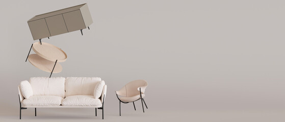 Banner with modern furniture and copy space for text, advertisement. Furniture store, interior details. Furnishings sale, interior project. Template with empty space. Minimalist design. 3d render.