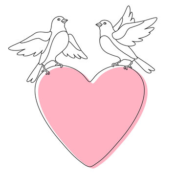 Illustration of cute flying birds holding heart. Image of birdies in simple style.