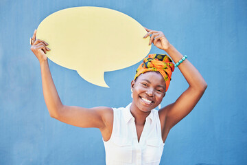 Black woman with speech bubble or mockup for social media advertising, marketing or sale communication. Blue background, brand or startup girl with smile for feedback review, vote or voice opinion