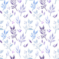 Fototapeta na wymiar Watercolor seamless pattern with leaves and berries. Cool print, blue, purple and lilac colors. For the design of textiles, wrapping paper, wallpaper. winter theme