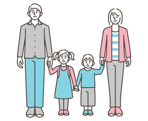 Vector illustration of a family of four holding hands with smiling faces (man, woman, child).