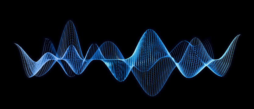 Blue wireframe sound waves, visualization of frequency signals audio wavelengths, conceptual futuristic technology waveform on black background with copy space for text