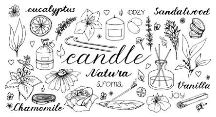 Decorative wax candles for relax and spa. Hand drawn doodle illustration. Line art vector set. Natural plants aroma