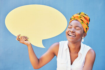 Speech bubble, communication and news with black woman and mockup for social media, vote and review. Design, contact and chat sign with girl and board against wall for voice, opinion or dialogue icon