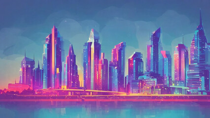 Fototapeta na wymiar illustration style, Vibrant city skyline with gleaming skyscrapers and colorful lights