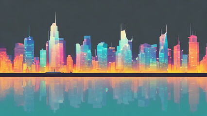 illustration style, Vibrant city skyline with gleaming skyscrapers and colorful lights