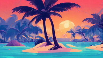 Fototapeta na wymiar illustration style, Lush, tropical island paradise with crystal-clear waters and palm trees