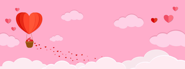 Obraz na płótnie Canvas Happy Valentine papercut style banner vector illustration. Red hot air balloons carrying many cute hearts flying on sweet pink cloudy sky, love greeting card background with blank space copy for text