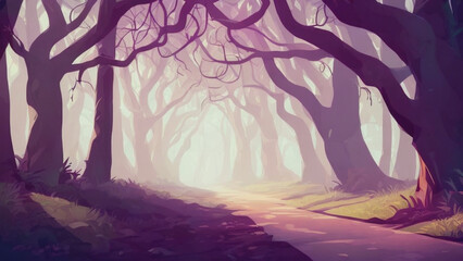 illustration style, Serene forest path with dappled sunlight and fallen leaves