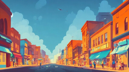 Obraz premium illustration style, Vibrant, bustling city street with shops, cafes, and people