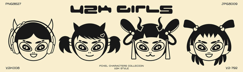 Future retro cartoon character in Y2K style. Cyber girls with stars for 90s design. Collection of vector funky  objects