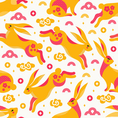 Seamless pattern moon Hare on starry sky. Background funny bunnies and asian decorative ornament. Chinese zodiac Rabbit symbol. Mid Autumn Festival or Chinese Lunar new year. Vector flat illustration.