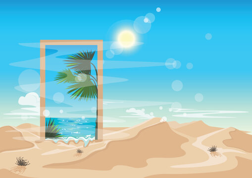 Mirage or portal in the hot desert with a passage through which you can see the sea and palm trees. Door or window to the seascape. Surreal vector illustration