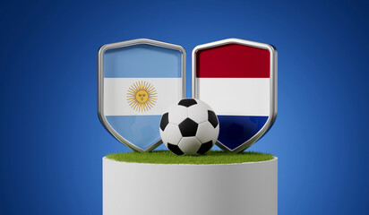 Argentina vs Netherlands soccer shields with football ball on a grass podium. 3D Rendering
