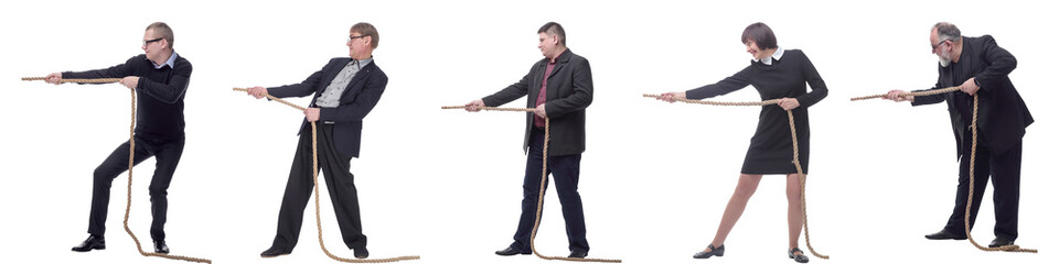 Business people pulling rope isolated on white