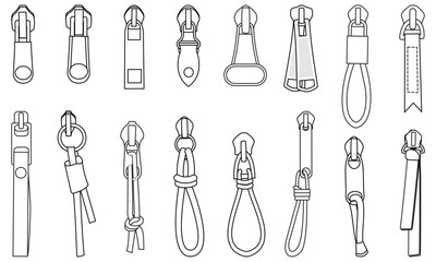zipper pullers vector illustration zip heads, zipper sliders flat sketch - obrazy, fototapety, plakaty