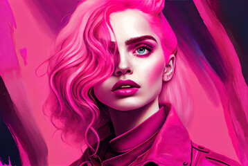 Viva magenta color, trending color of 2023, portrait of girl in magenta colors, illustration, - obrazy, fototapety, plakaty